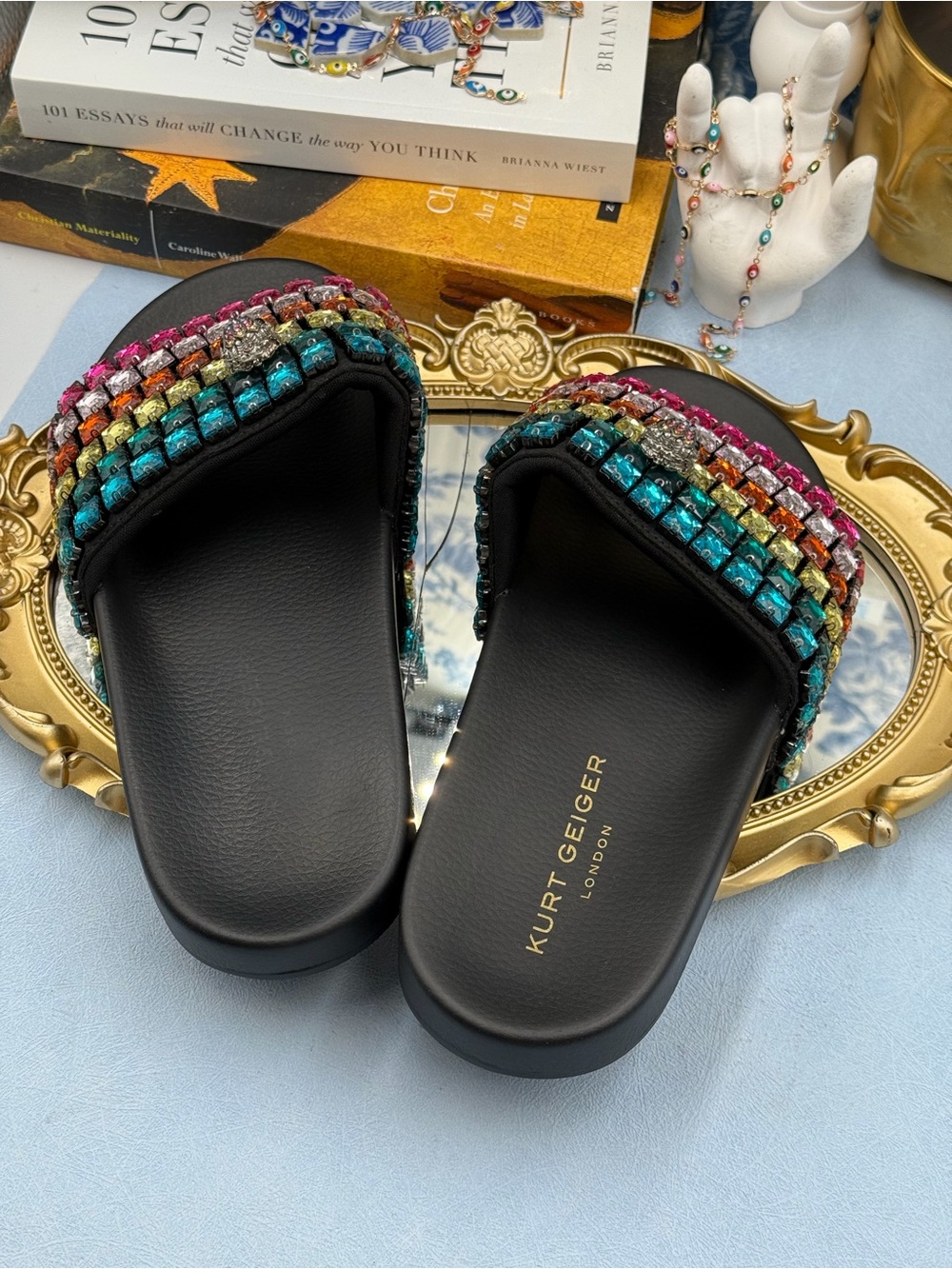 🧿🧿 KURT GEIGER LONDON Meena Eagle Jewel Crystal Studded Slide, Black Rainbow - Picture 12 of 14